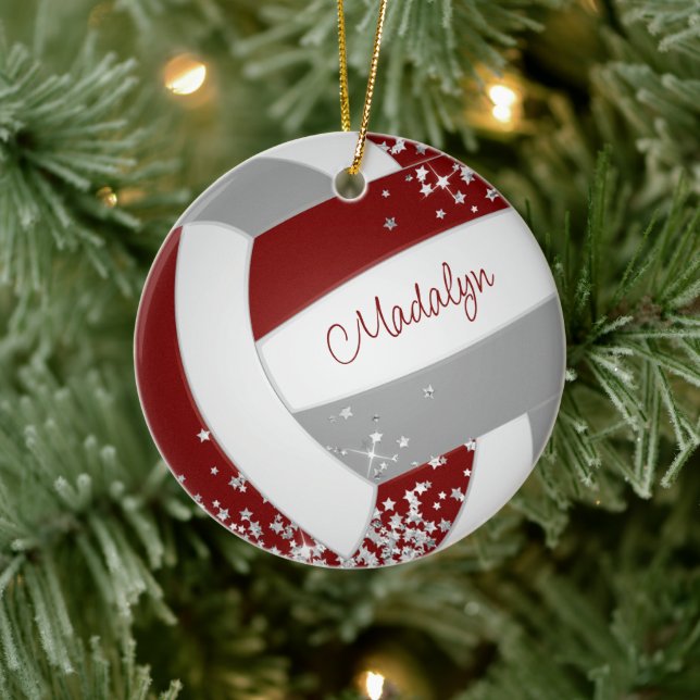 girls maroon grey volleyball w tiny silver stars ceramic tree decoration (Tree)