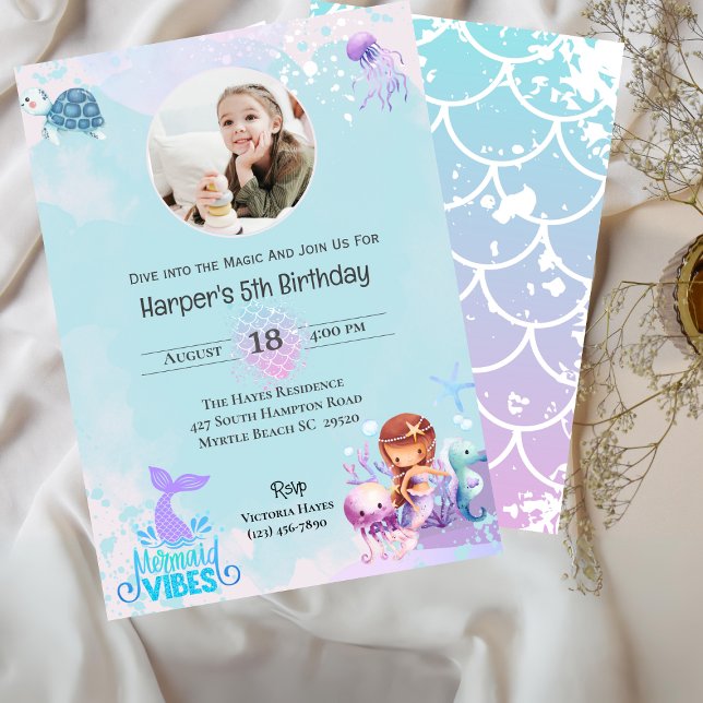 Girls Mermaid Photo Under the Sea 5th Birthday    Invitation (Creator Uploaded)