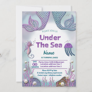 Girls mermaid under the sea birthday invitation