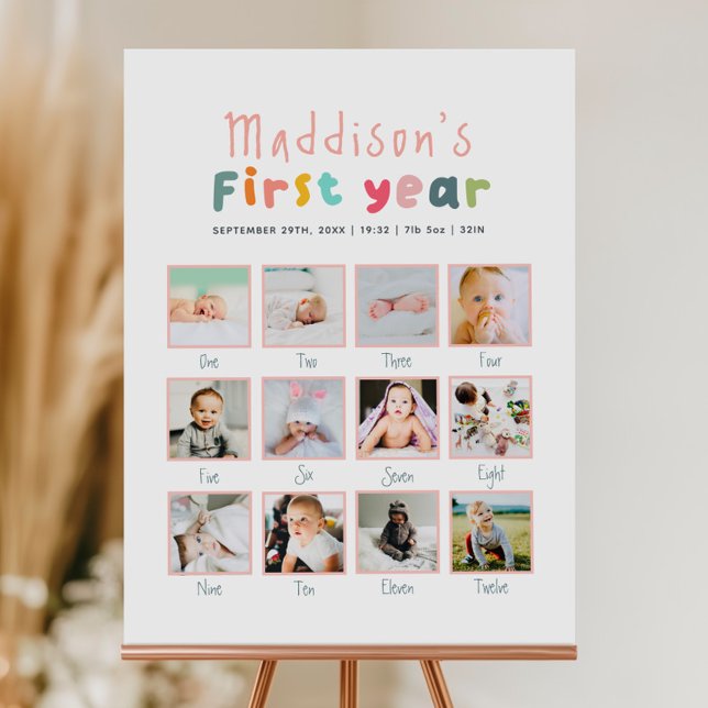Girls Minimalist First Year Birthday Photo Collage Poster (Creator Uploaded)