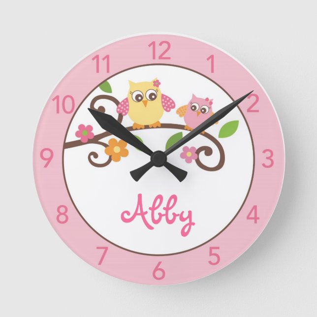 Girls Mod Owl Personalised Nursery Wall Clock (Front)
