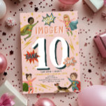 Girls Modern Action Superhero Kids Birthday Invitation<br><div class="desc">This cool and modern superhero-themed kids birthday invitation features a pink superhero cartoon design, with four unique superhero’s, a super action dog, comic book sounds, lightening bolts, and stars, with a matching pattern on the back. The invite can be personalised with your girls name and other details necessary for your...</div>