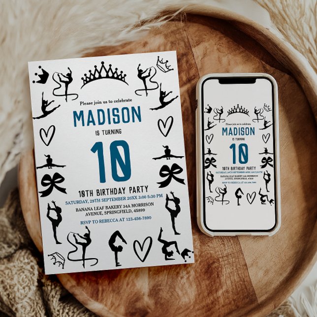 Girls Modern Black Gymnastics Kids 10th Birthday Invitation (Girls Modern Black Gymnastics Kids 10th Birthday Invitation)