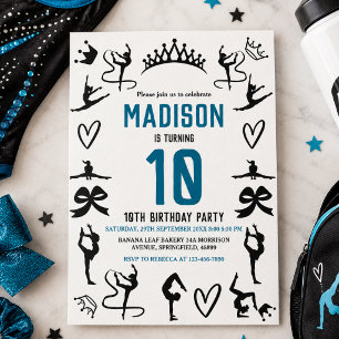Girls Modern Black Gymnastics Kids 10th Birthday Invitation