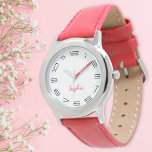 Girls Modern Chic Trendy Cool Red Custom Name Kids Watch<br><div class="desc">Custom, personalised, kids girls fun cool stylish modern trendy chic red leather strap, stainless steel case, wrist watch. Simply type in the name. Go ahead create a wonderful, custom watch for the lil princess in your life - daughter, sister, niece, grandaughter, goddaughter, stepdaughter. Makes a great custom gift for birthday,...</div>