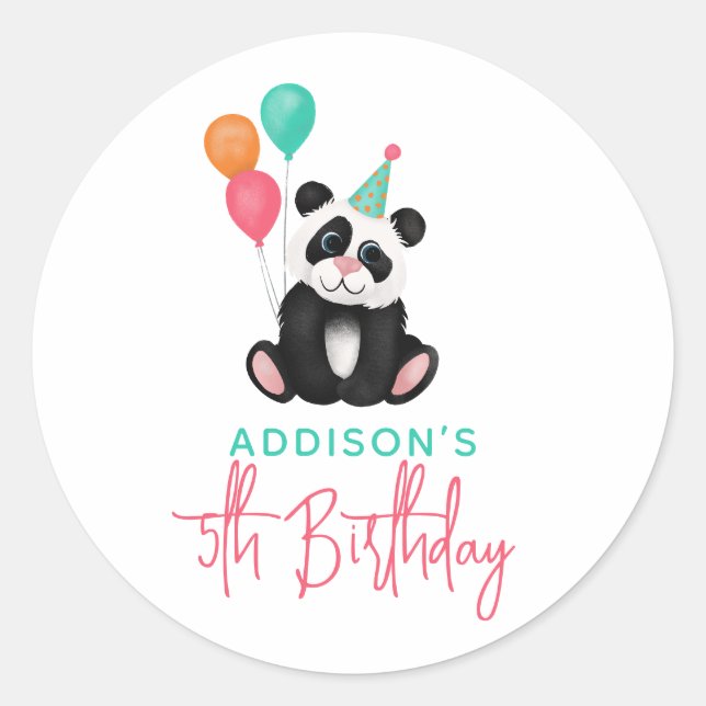 Girls Modern Party Panda Bear 5th Birthday Classic Round Sticker (Front)