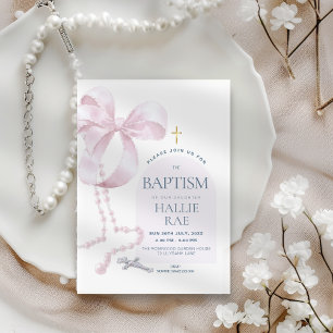 Girl's Modern Pink Bow & Rosary Baptism Invitation