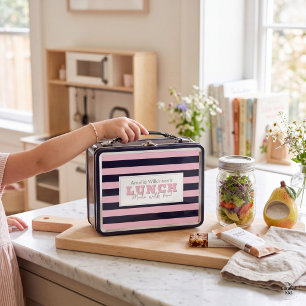 Girls modern Pink Stripe "Made With Love" Lunchbox