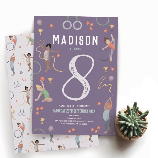 Girls Modern Purple Gymnastics Kids Birthday Invitation (Creator Uploaded)