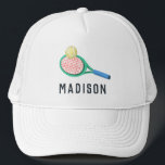 Girls Modern Sporty Tennis Kids Trucker Hat<br><div class="desc">This cute and modern trucker hat features a tennis racket and ball illustration and space for you to add your girls name. Perfect for sports lovers or gift for a budding athlete. Great for kids or adults,  the perfect tennis coach gift!</div>