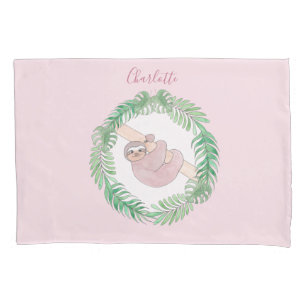 Girl's Modern Watercolor Sloth Personalised Pink Pillowcase