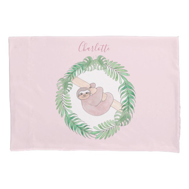 Girl's Modern Watercolor Sloth Personalised Pink Pillowcase (Front)