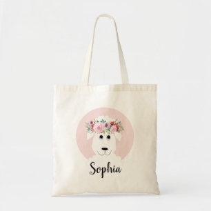 Girls Modern Whimsical Floral Sheep and Name Tote Bag