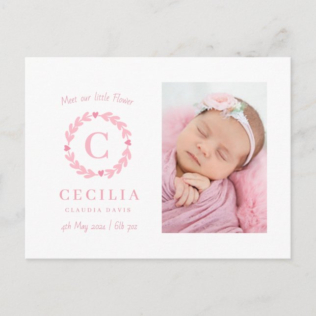 Girls monogram birth announcement cards (Front)
