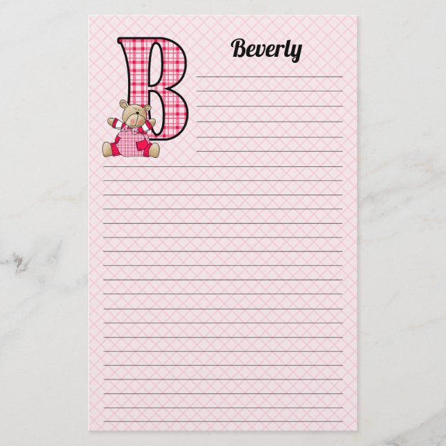 Girl's Monogrammed Letter B Teddy Bear Lined Stationery (Front)