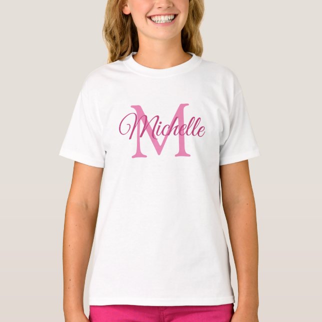 Girls Monogrammed Name White And Pink Template T-Shirt (Front)