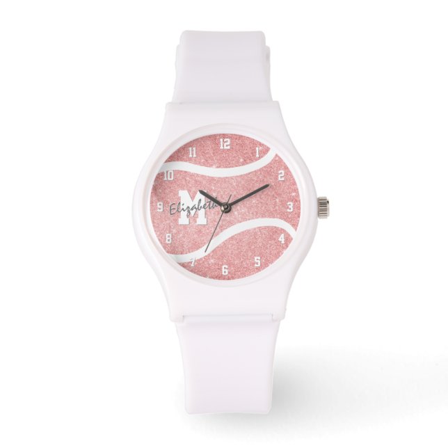 girls monogrammed pink tennis player watch (Front)