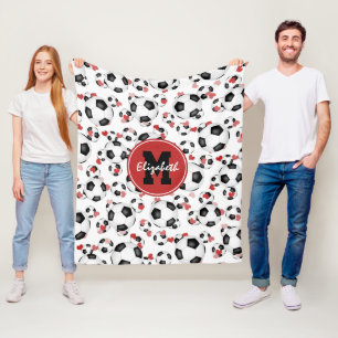 girls monogrammed soccer balls and hearts pattern fleece blanket