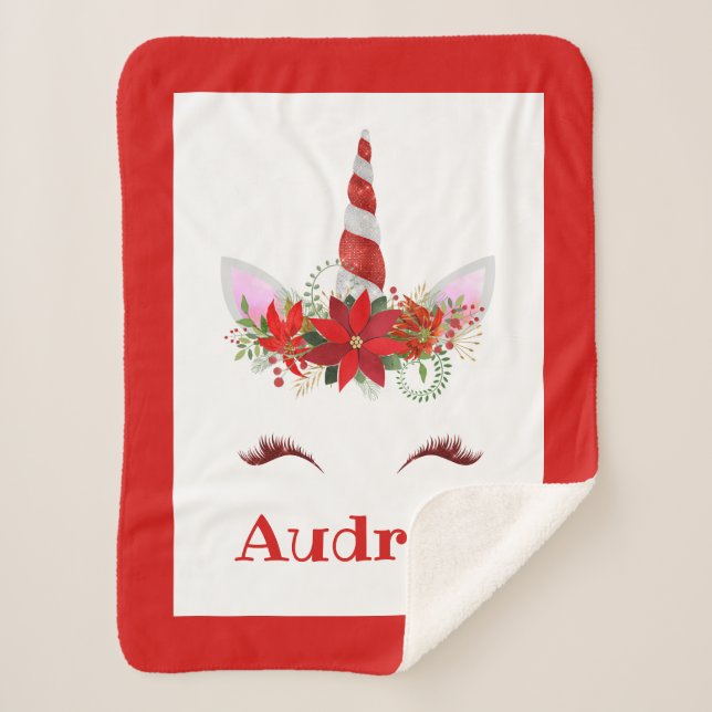 Girl's Monogrammed Unicorn ChristmasSherpa Blanket (Front)