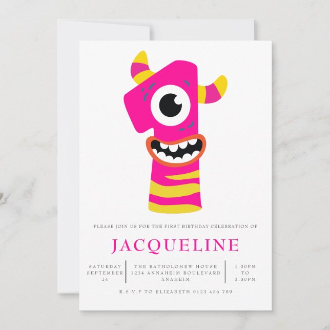 Girls Monster 1st Birthday Party Invitation (Front)