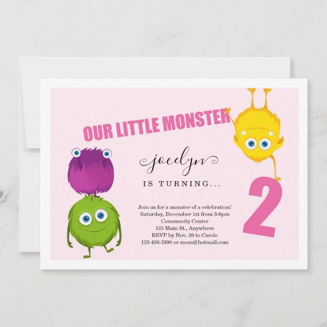 Girl's Monster First 2nd Birthday Party Invitation (Front)