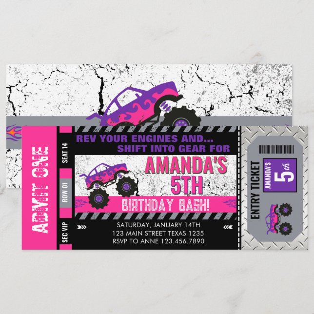 Girls Monster Truck Birthday Ticket  Invitation (Front/Back)