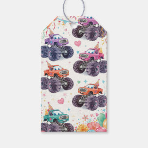 Girls Monster Truck Favour Tags Pink Watercolor