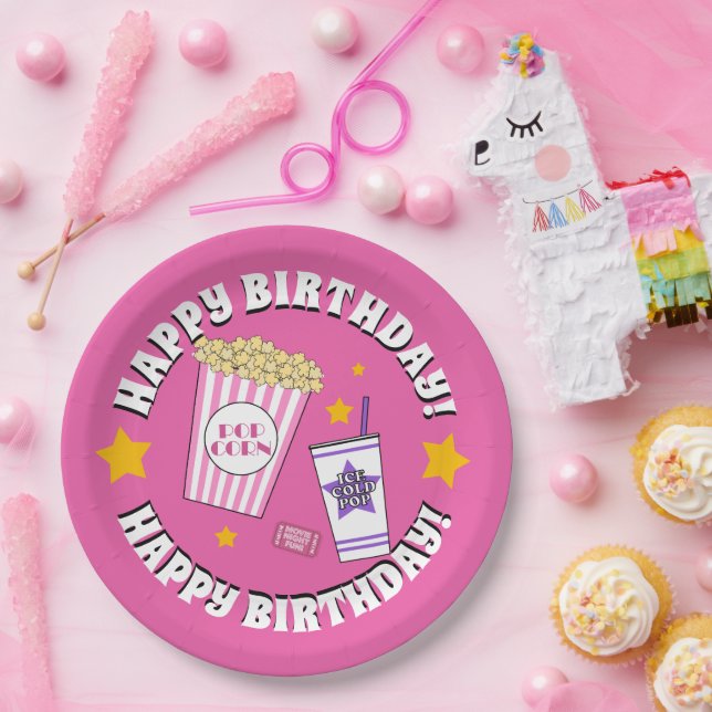 Girl's Movie Night Birthday Party Paper Plate (Party)