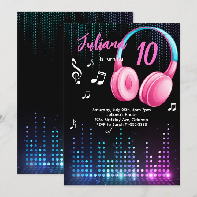 Girls Musical Glow Birthday Invitation (Front/Back)