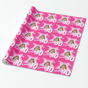 Girls name 10th birthday add your photo pink star wrapping paper