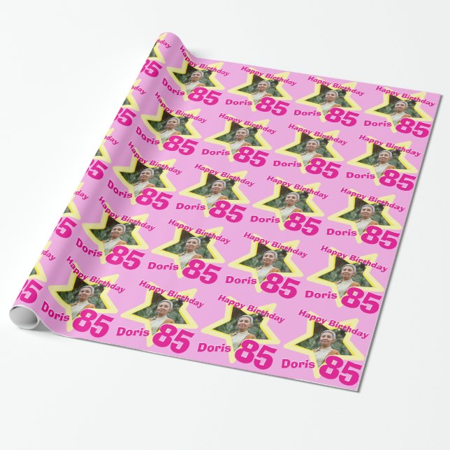 Girls name 85th birthday photo pink yellow wrap wrapping paper (Unrolled)