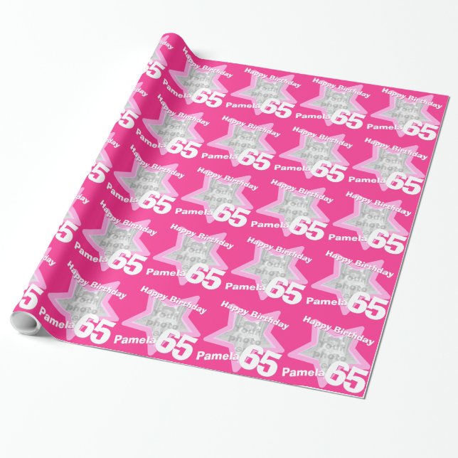Girls name age 65 add your photo pink star pattern wrapping paper (Unrolled)