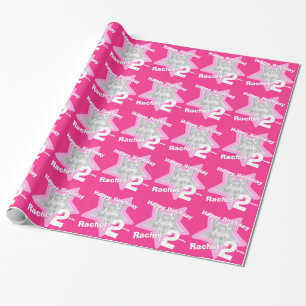 Girls name age add your photo pink star pattern wrapping paper