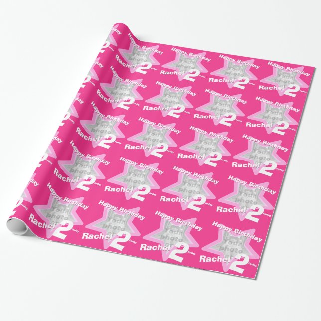 Girls name age add your photo pink star pattern wrapping paper (Unrolled)