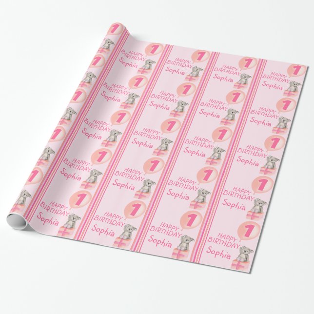 Girls name age cute koala birthday balloon wrap wrapping paper (Unrolled)