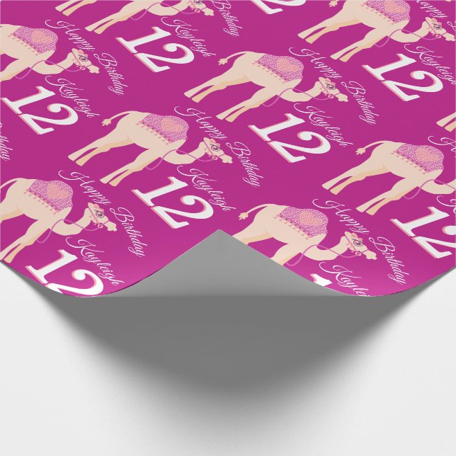 Girls name age whimsy camel birthday pattern wrap wrapping paper (Corner)