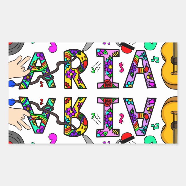 Girl's Name Aria, Flowers and Music Rectangular Sticker (Front)
