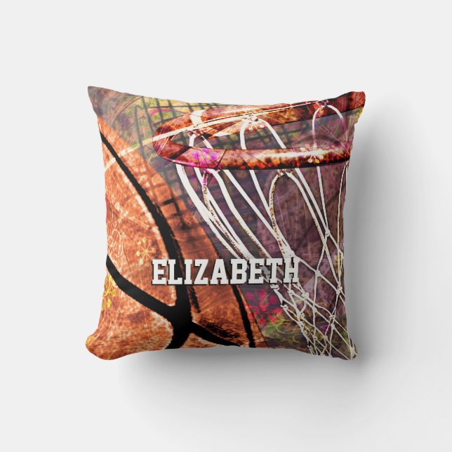 Girls name Basketball and Hoop pink purple orange Cushion (Front)