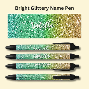 Girls Name Bright Green Gold Glitter Effect Black Ink Pen