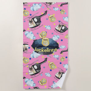 Girl's Name Cute Blue Police Hat Beach Towel