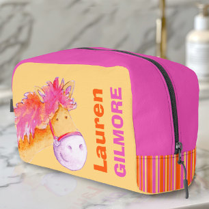 Girls name cute pony watercolor orange pink  dopp kit