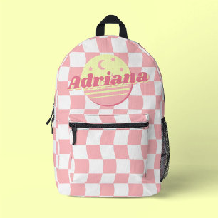 Girls Name Groovy Pink White Wavy Chequerboard Printed Backpack