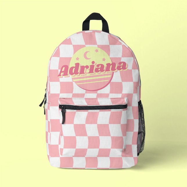 Girls Name Groovy Pink White Wavy Chequerboard  Printed Backpack (Creator Uploaded)