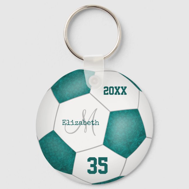 girl's name jersey number teal white soccer ball key ring (Front)