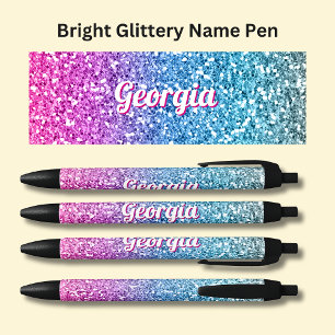 Girls Name on Bright Pink & Blue Glitter Effect Black Ink Pen