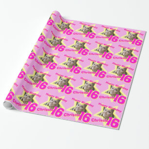 Girls name photo 16th birthday pink & yellow star wrapping paper