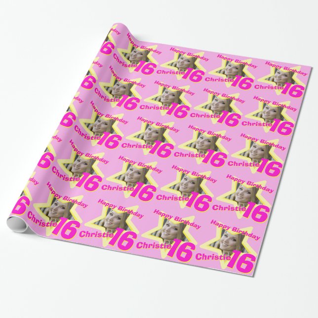 Girls name photo 16th birthday pink & yellow star wrapping paper (Unrolled)