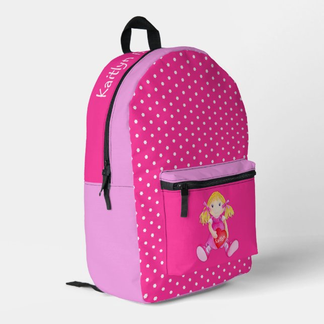Girls name pink toy rag doll art  printed backpack (Back Corner Left)