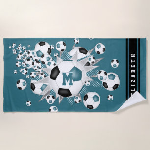 girls name soccer balls stars teal black beach towel
