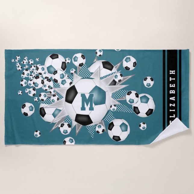 girls name soccer balls stars teal black beach towel (Front)